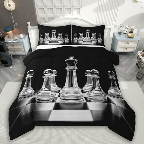 Manfei Geometric Checkerboard Bedding Comforter Set,Board Game Gaming Twin Comforter Sets,International Chess Bedding Set For Girls Boys,Super Cozy Room Decor Reversible,2-Piece