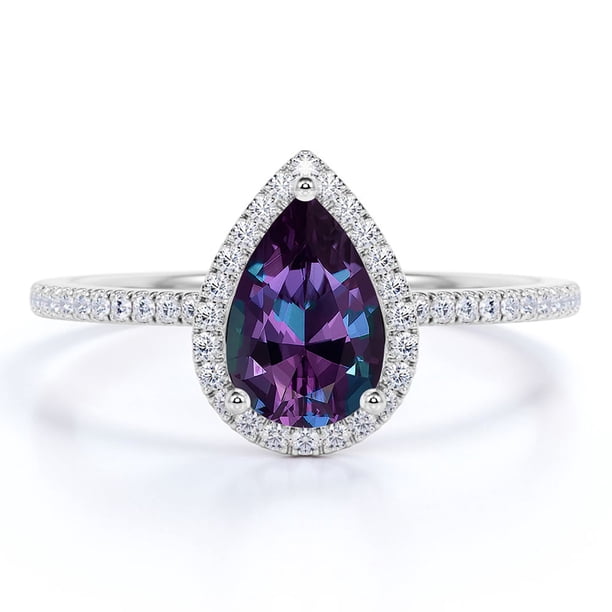 JeenMata Anillo de Compromiso de 1 Quilate con Piedra Natal de Junio en Corte de Pera - Anillo de Bodas - Anillo de Halo - Anillo Pavé - Anillo de Promesa - Baño de Oro Blanco de 18 K sobre Plata