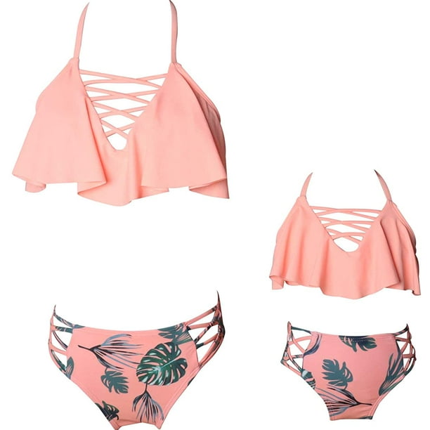 Pink Ruffle Bandeau Bikini Set Swimsuit (Cute)