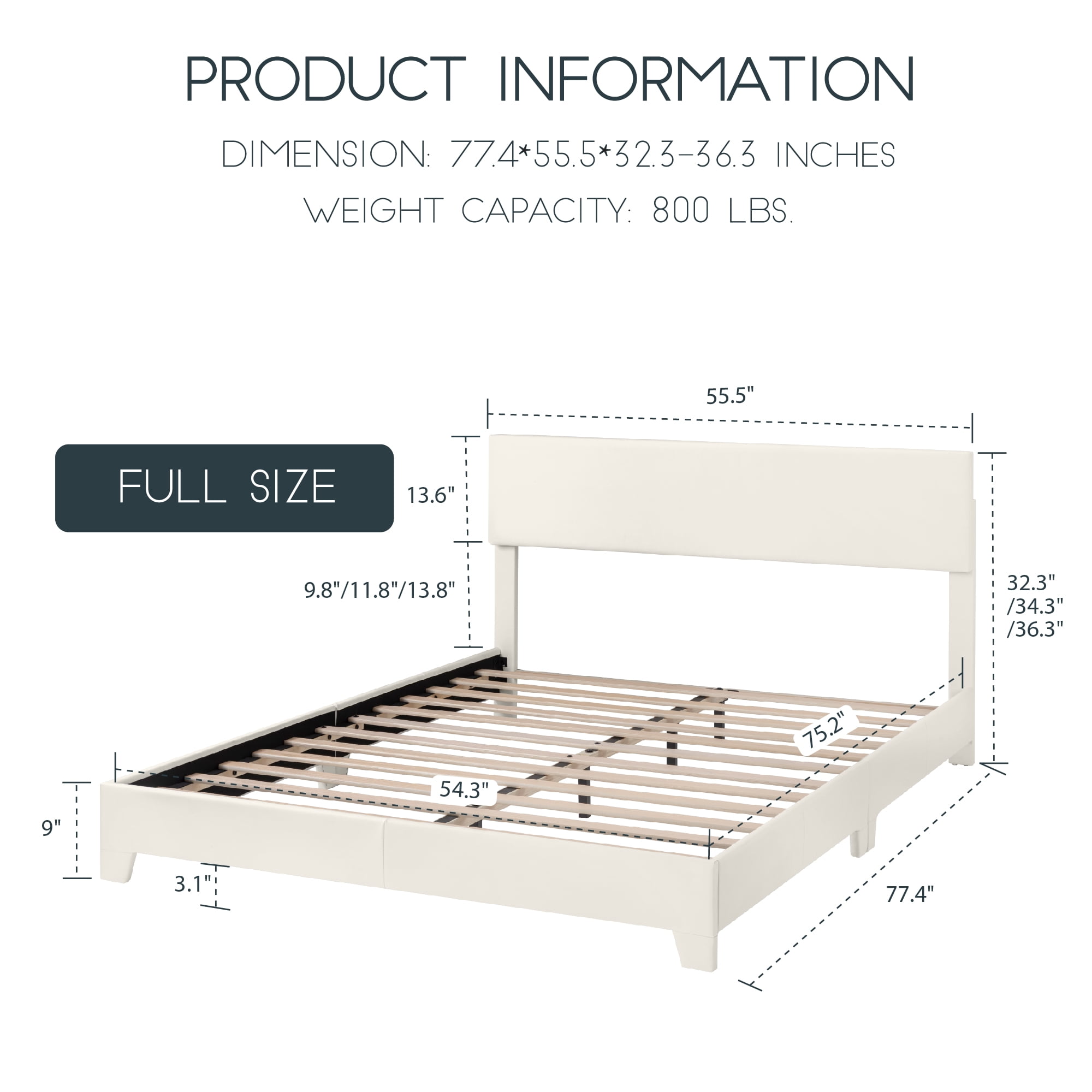 Einfach Full Size White Leather Upholstered Bed Frame with Adjustable Headboard, No Box Spring Needed, Low