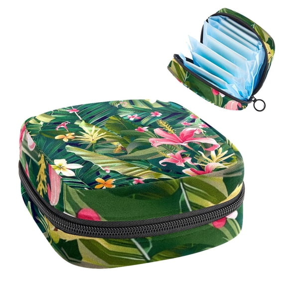 Sanitary Napkin Storage Bag for Girls Women, Portable First Period Pads Bag Tampons Holder Girls Travel Makeup Bag, Large Capacity Tropical Floral Pattern