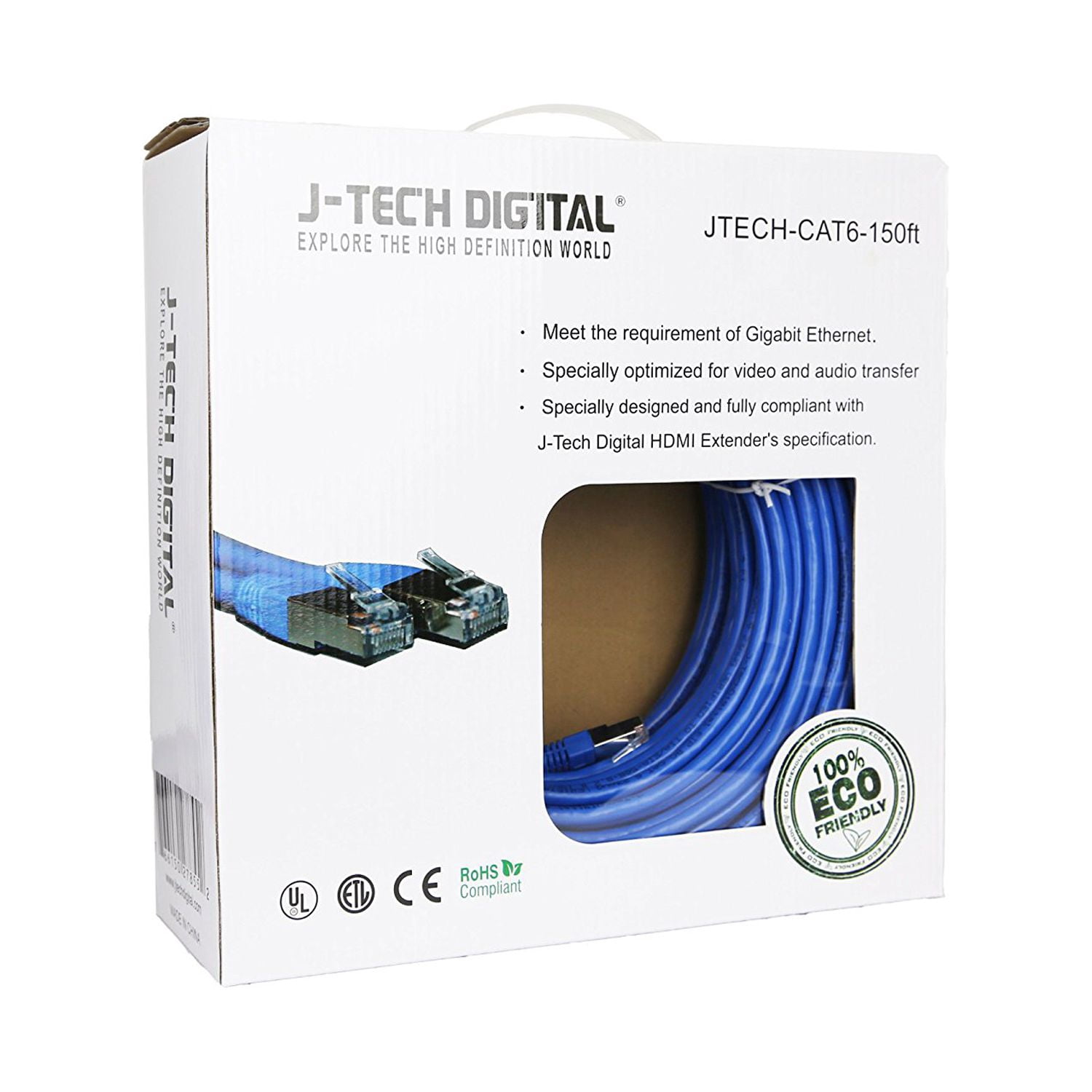 J-Tech Digital &reg; 150 Ft 23AWG Cat 6 Shielded (STP) Ethernet Patch Cable 100% Pure Copper High Performance Customized for Video and Audio Transfer(150ftCAT6)