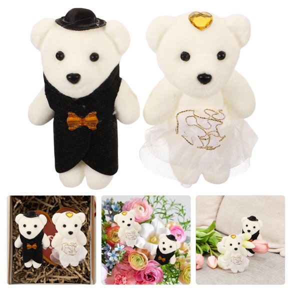 WASHWEPE White Plush Bear Doll for Decor Safe and Soft Foams Ribbon Material 5 Pairs Mini Wedding Bears