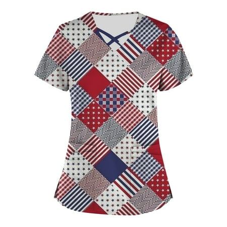

American Flag Print Shirts Plus Size Independence Day Printed Scrub Working Uniform Tops For Women Cross V-Neck Short Sleeve Fun T-Shirts Workwear Tee With Pockets Gray 4X-Large