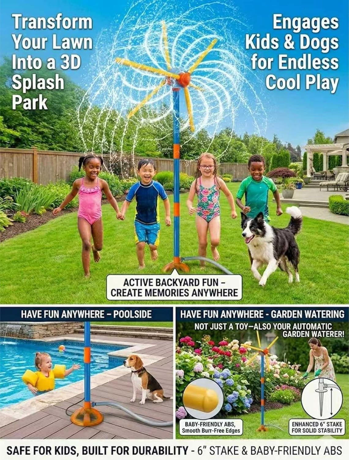 Water Windmill Toy, 55" Sprinkler for Kids with 54 Spray Nozzles, 360° Spinning Splash Outdoor Yard Toy, Double-Sided 6-Blade Design, Garden Watering & Summer Fun