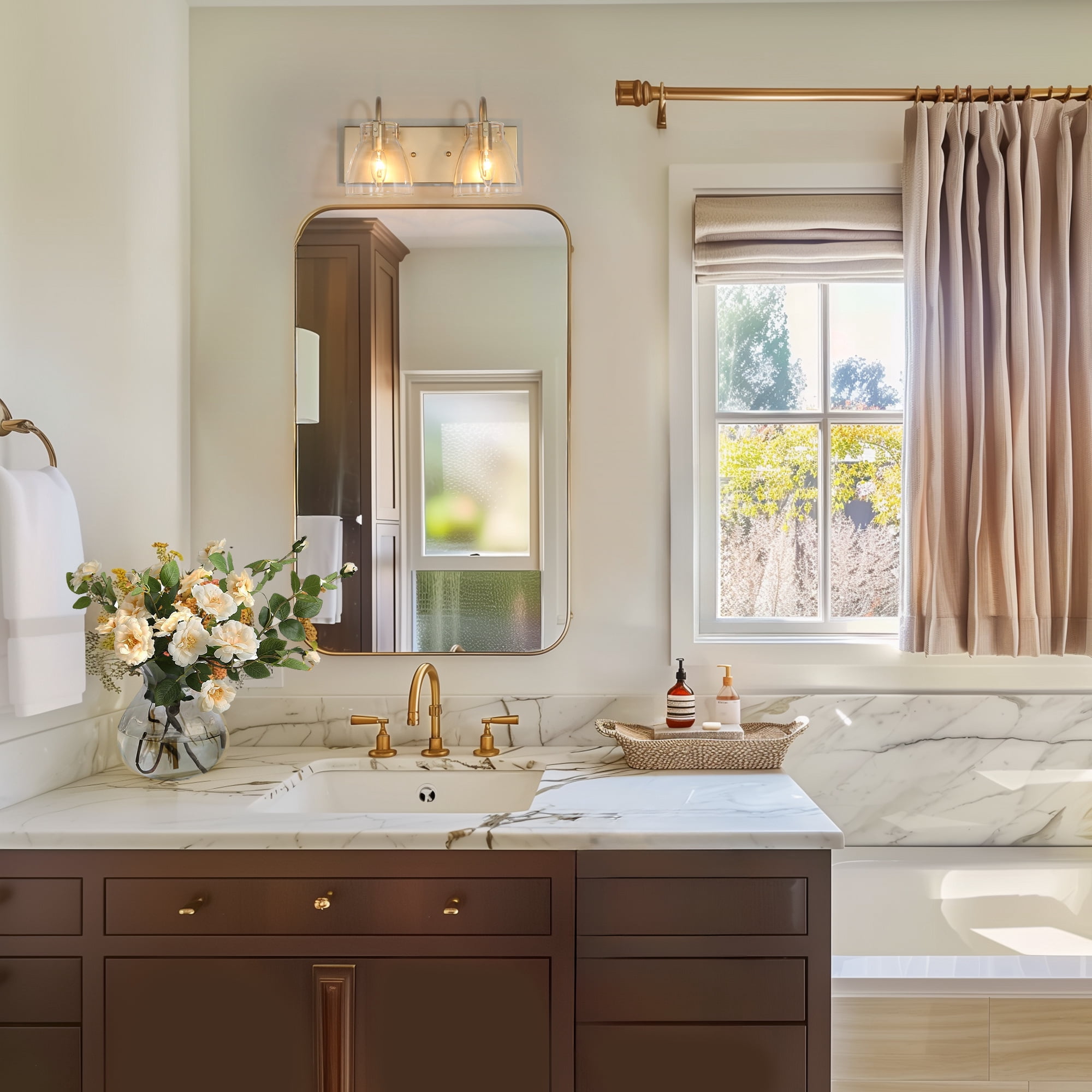 LNC 2-Light Gold Cylinder Clear Glass Modern Bathroom Vanity Lighting Fixutre