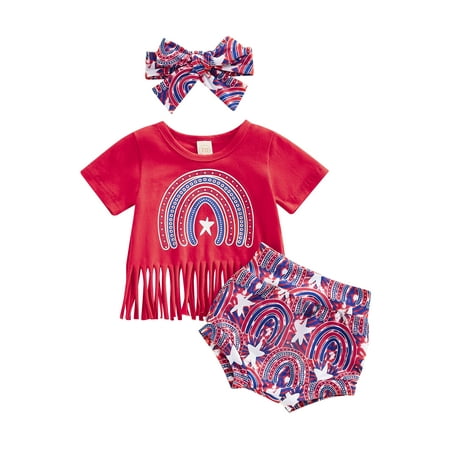 

Independence Day Infant Girls Clothes Suits Stars Rainbow Print Tassel Hem T-Shirts Shorts Headband