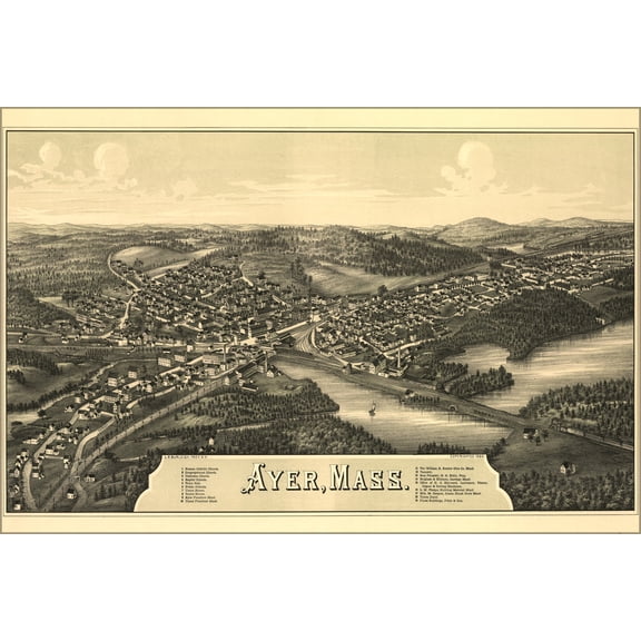 24"x36" Gallery Poster, birdseye view map of Ayer, Mass 1886