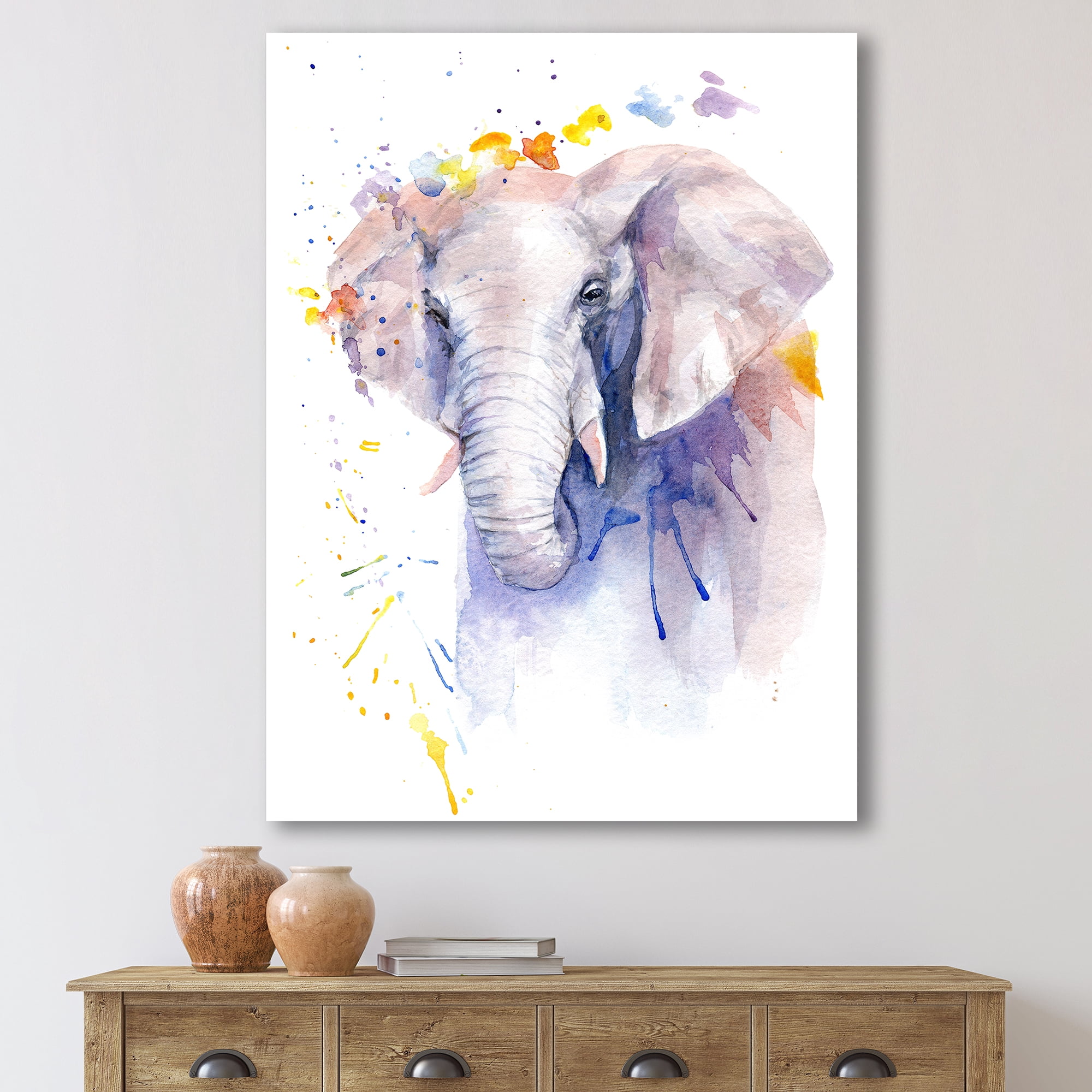 Designart ' Portrait of An Elephant Yellow and Blue Strokes ' Farmhouse Canvas Wall Art Print