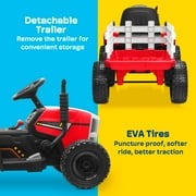 Kidzone 12V7AH Premium Version w/ EVA Treaded Tires Dual 35W Motors for 3+ Years Boys & Girls, Electric Tractor w/ Trailer Toddler Ride On Toy 3-Gear-Shift, 7-LED Lights Bluetooth, Red
