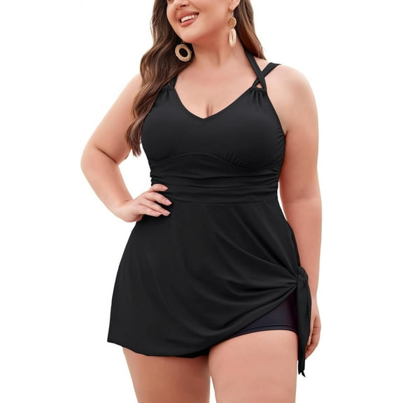 Women Plus Size Two Piece Tankini Swimdress V Neck Halter Floral Asymmetrical Hem Skirted Swimsuit with Boyshort