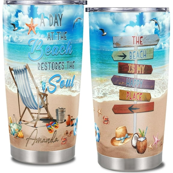 Personalized A Day At The Beach Restore The Soul Tumbler Customized Name Women Insulated Tumblers with Lid 30oz 20oz Stainless Steel Beach Gifts Birthday For Girls