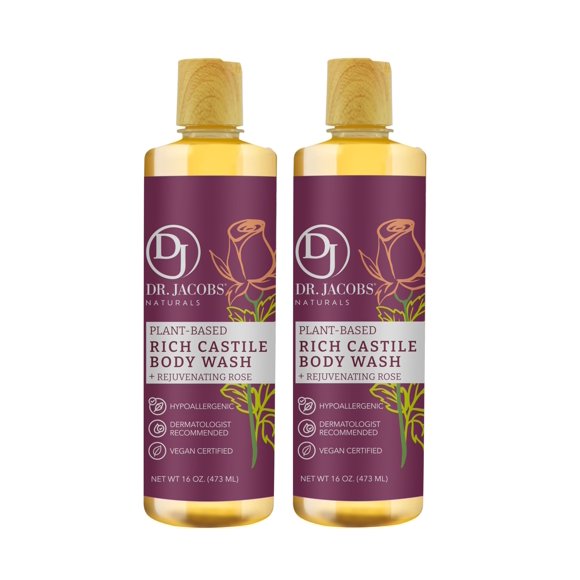 DR. JACOBS NATURALS Castile Rose gel de baño natural para hidratar la piel seca y sensible, champú con ingredientes a base de plantas, fórmula sin conservantes de gluten, 16 oz, paquete de 2