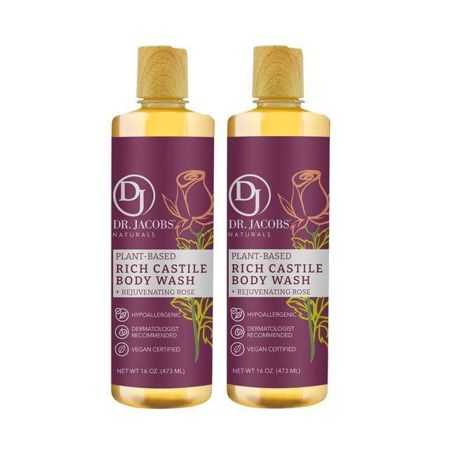 DR. JACOBS NATURALS Castile Rose gel de baño natural para hidratar la piel seca y sensible, champú con ingredientes a base de plantas, fórmula sin conservantes de gluten, 16 oz, paquete de 2