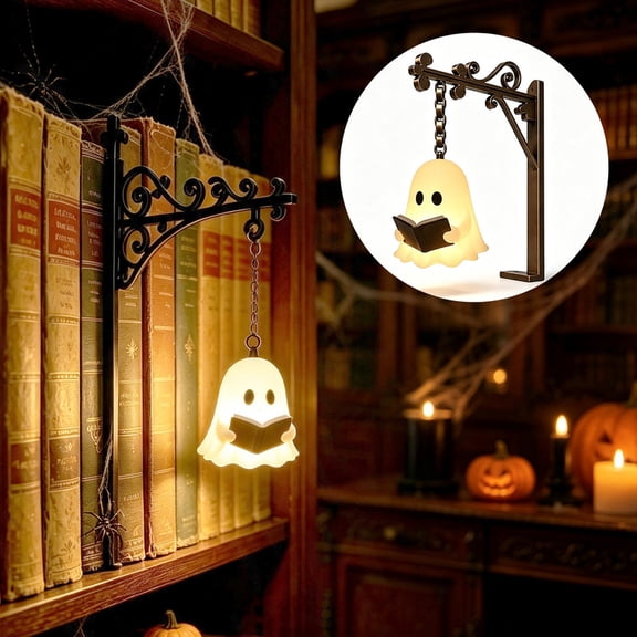 Reading Ghost Library Lantern Bookshelf Light, Mini Book Nook LED Lamp with Ornate Iron Hanging Bracket, Warm Amber Book Gap Ambient Light, Halloween Decor Gift for Book Lovers & Tabletop Ornament