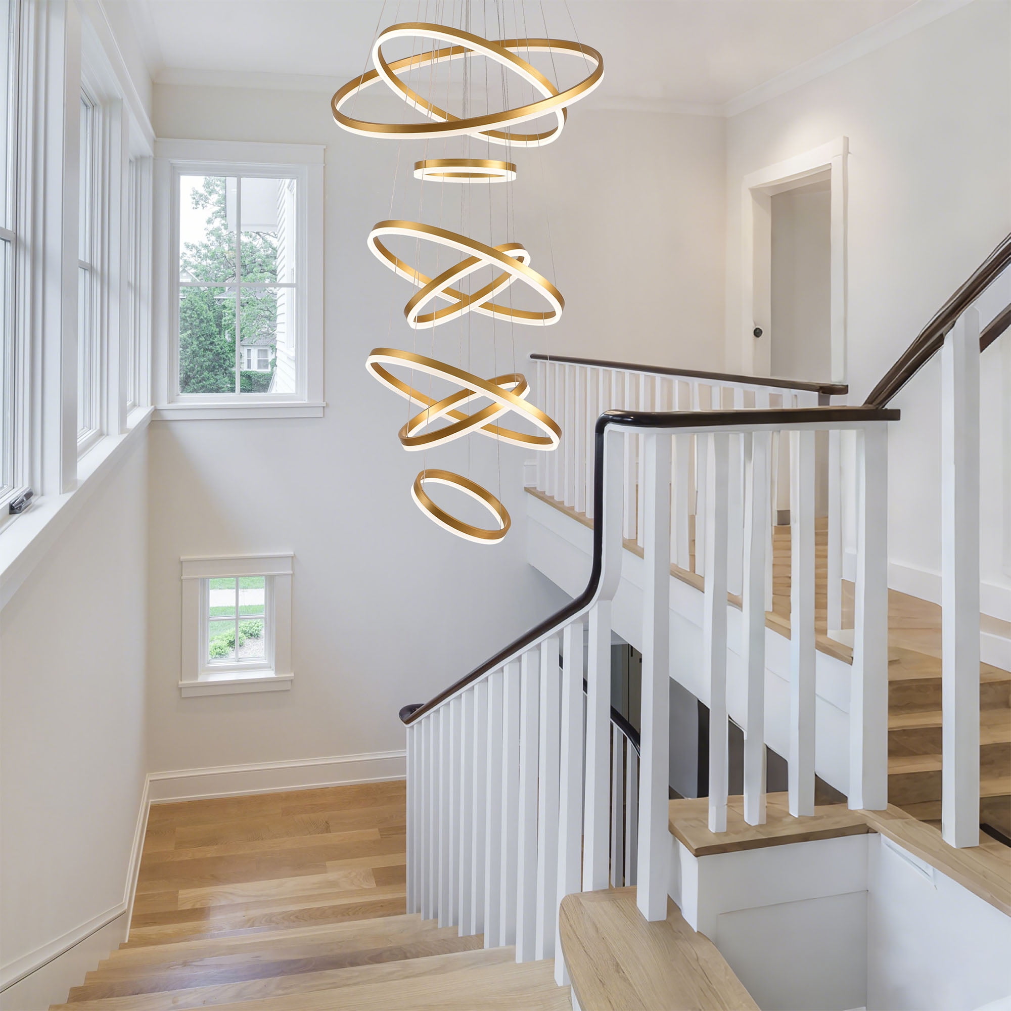 8 Ring Modern LED Chandelier, Dimmable Gold Ring High Ceiling Lighting with Romote Control,Large Foyer Chandeliers for Living Room Staircase Entryway
