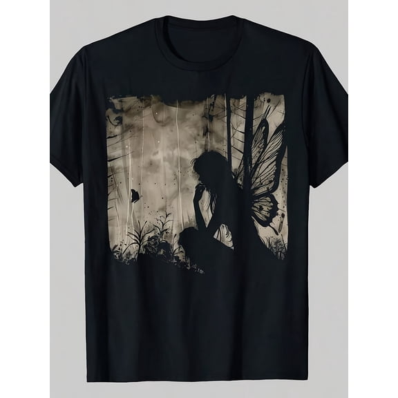 Women's Dark Aesthetic Gothic Fairy Silhouette Graphic T-Shirt