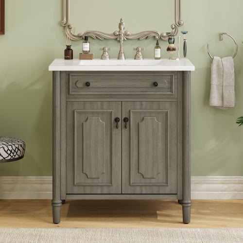 31 inch Vintage Bathroom Vanity with Sink, Rustic Bathroom Cabinet with Soft Close Doors and Adjustable Shelf, Curved Profile Design with Rubber Wood Legs, Antique Gray