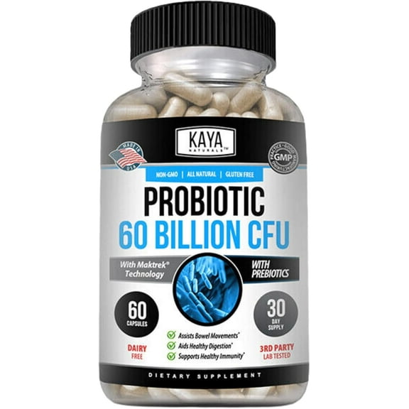Kaya Naturals Probiotic 60 Billion CFU | Probiotics for Women, Probiotics for Men and Adults, Natural | Gut Health & Immune Support Supplement | Provides Digestive Support - 60 Vegetable Capsules