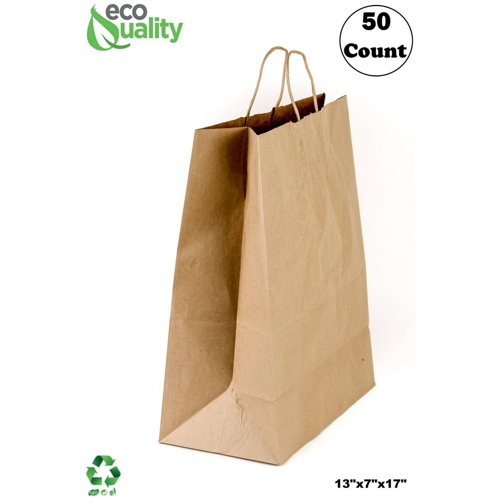 [50 PACK] Large Brown Kraft Paper Bags with Handles, Shopping, Gift
