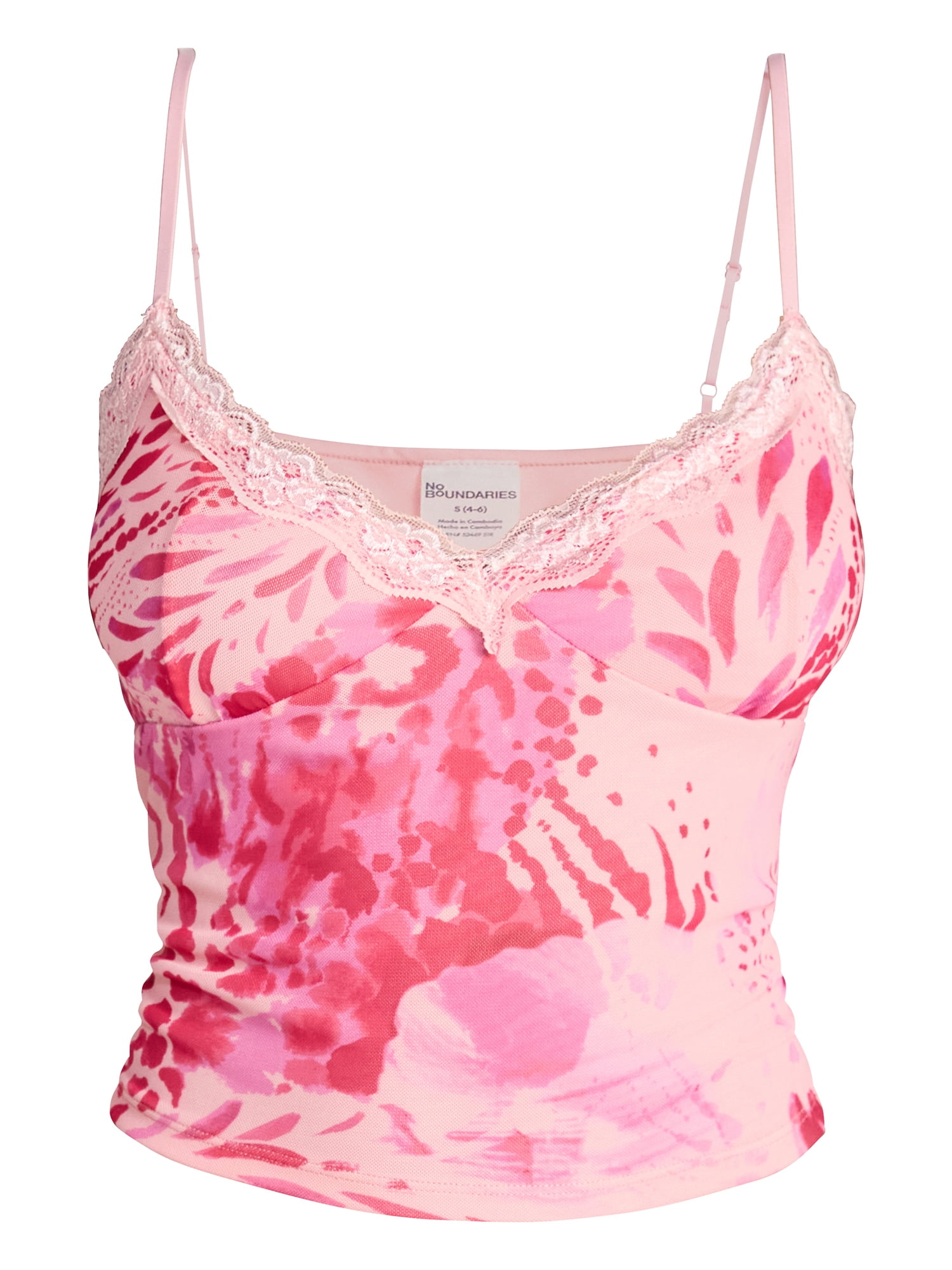 No Boundaries Lace Trim Mesh Camisole Top, Women's XXS-XXL