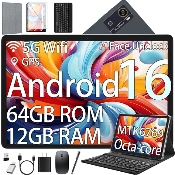Android 16 Tablet,10 Inch Tablet,12GB RAM 64GB ROM,MTK6769 Octa-Core,5G WiFi,Face Unclocked,21MP Camera,BT 5.0,GPS Tableta,6000mAh,Electronics Tablets with Keyboard Mouse Stylus