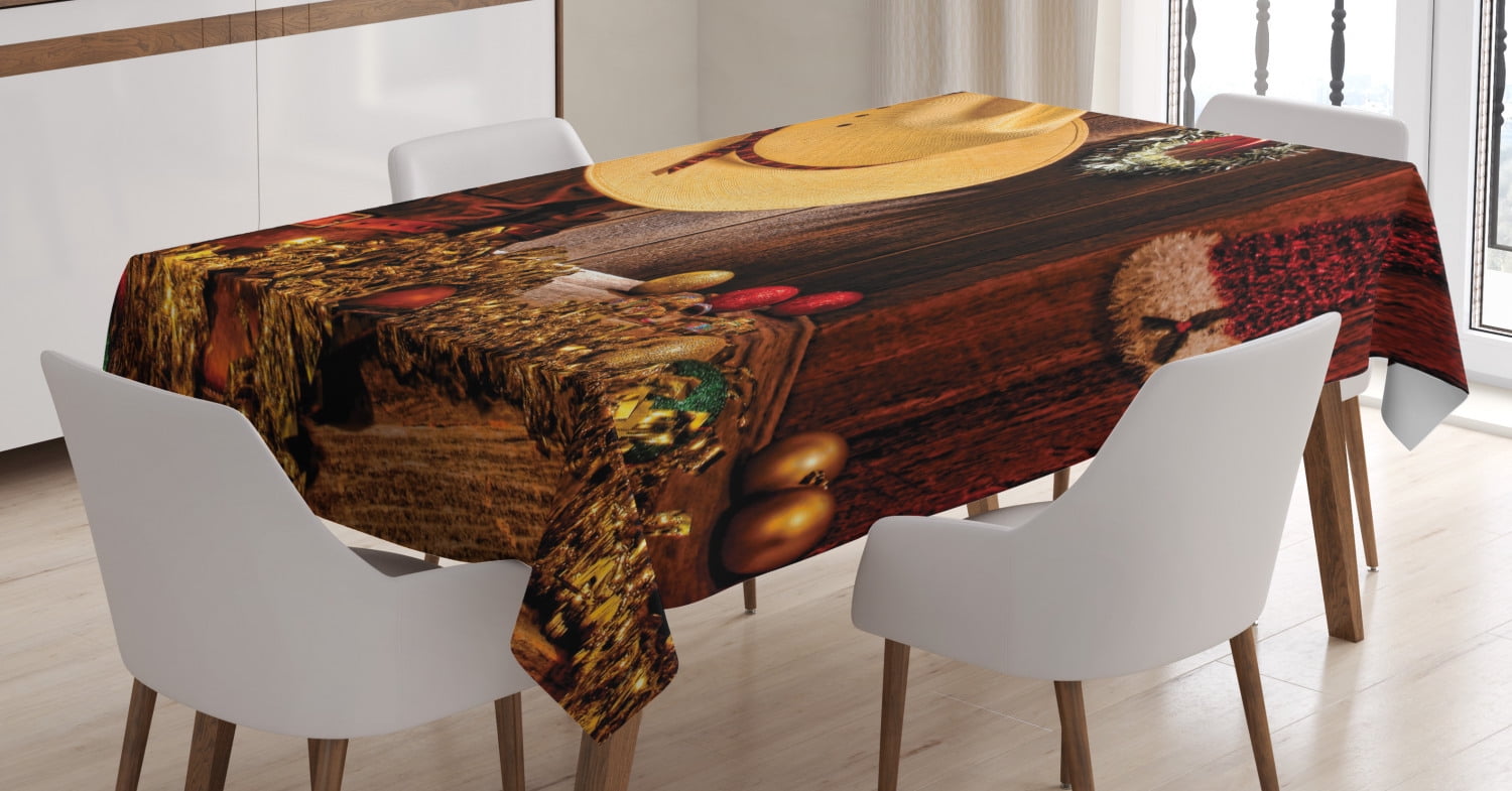 Western Decor Tablecloth, Farmhouse with Christmas Decorations with
