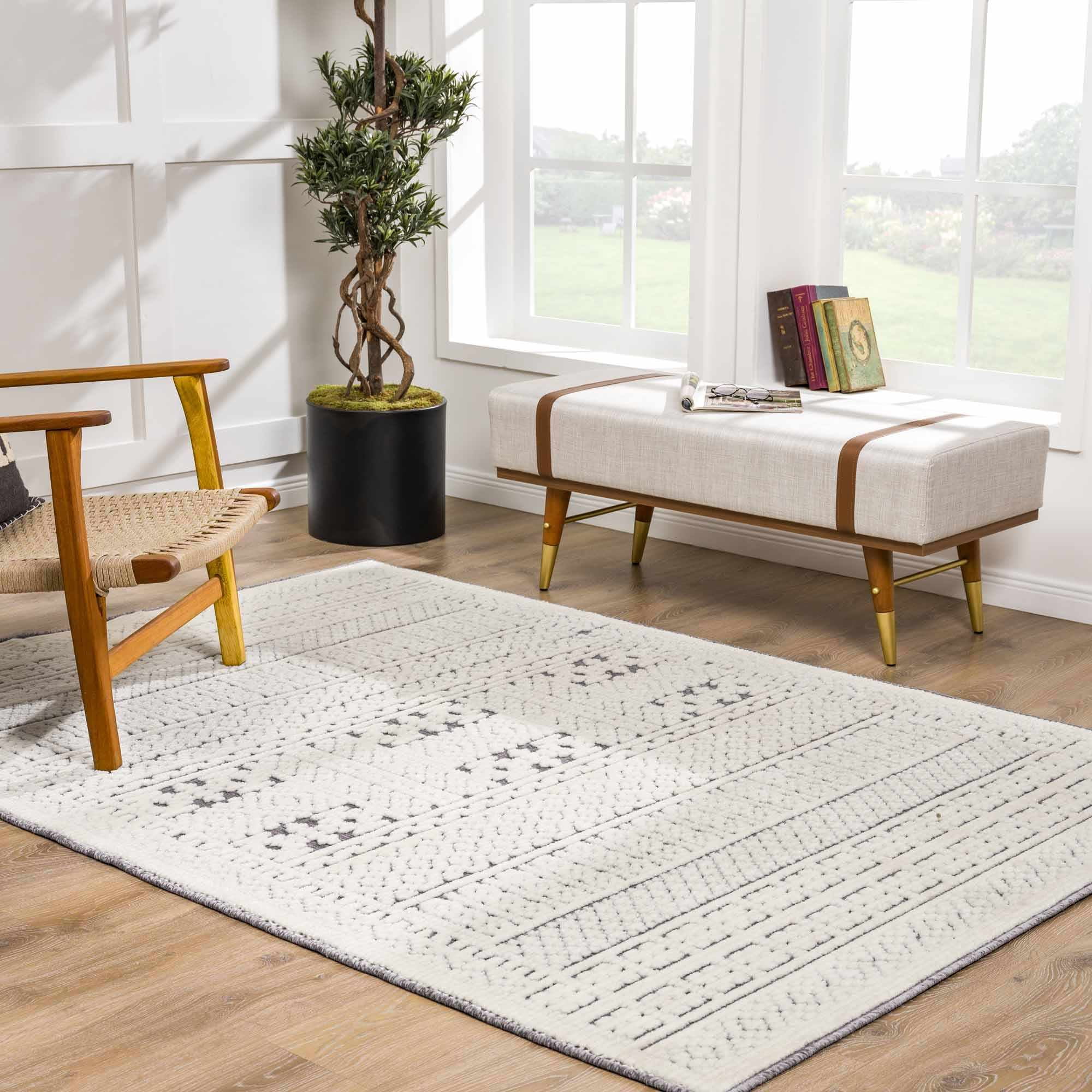 Hauteloom Bahar Living Room, Bedroom Machine Washable Area Rug - Bohemian Modern Farmhouse - Moroccan Transitional - Ivory, Gray, Off White - 7'10" x 10'1"