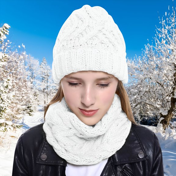 TELOLY Wool Scarf Women, Women'S Winter Hat Slouchy Beanie Snow Knit Skull Cap with Circle Scarves, White