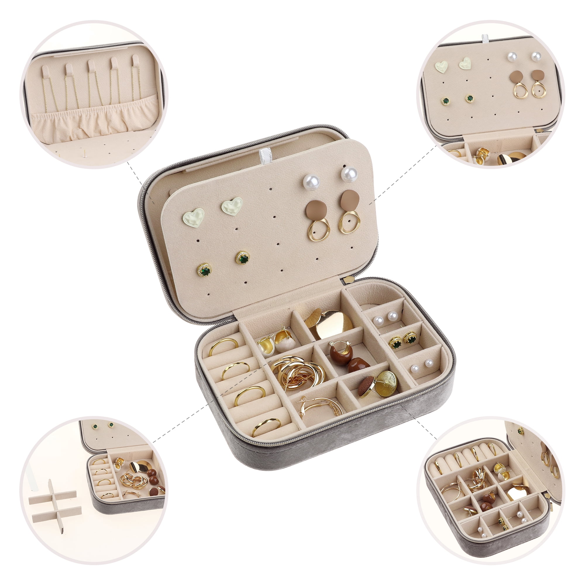 Unique Bargains Travel Jewelry Box Small Portable Plush Velvet Jewelry Organizer Case Gray