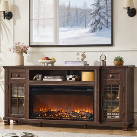 Joaxswe 70" Fireplace TV Stand with 36" Electric Fireplace, Farmhouse Entertainment Center for TVs Up to 80", 2 Drawers, Glass Door Cabinet, Walnut