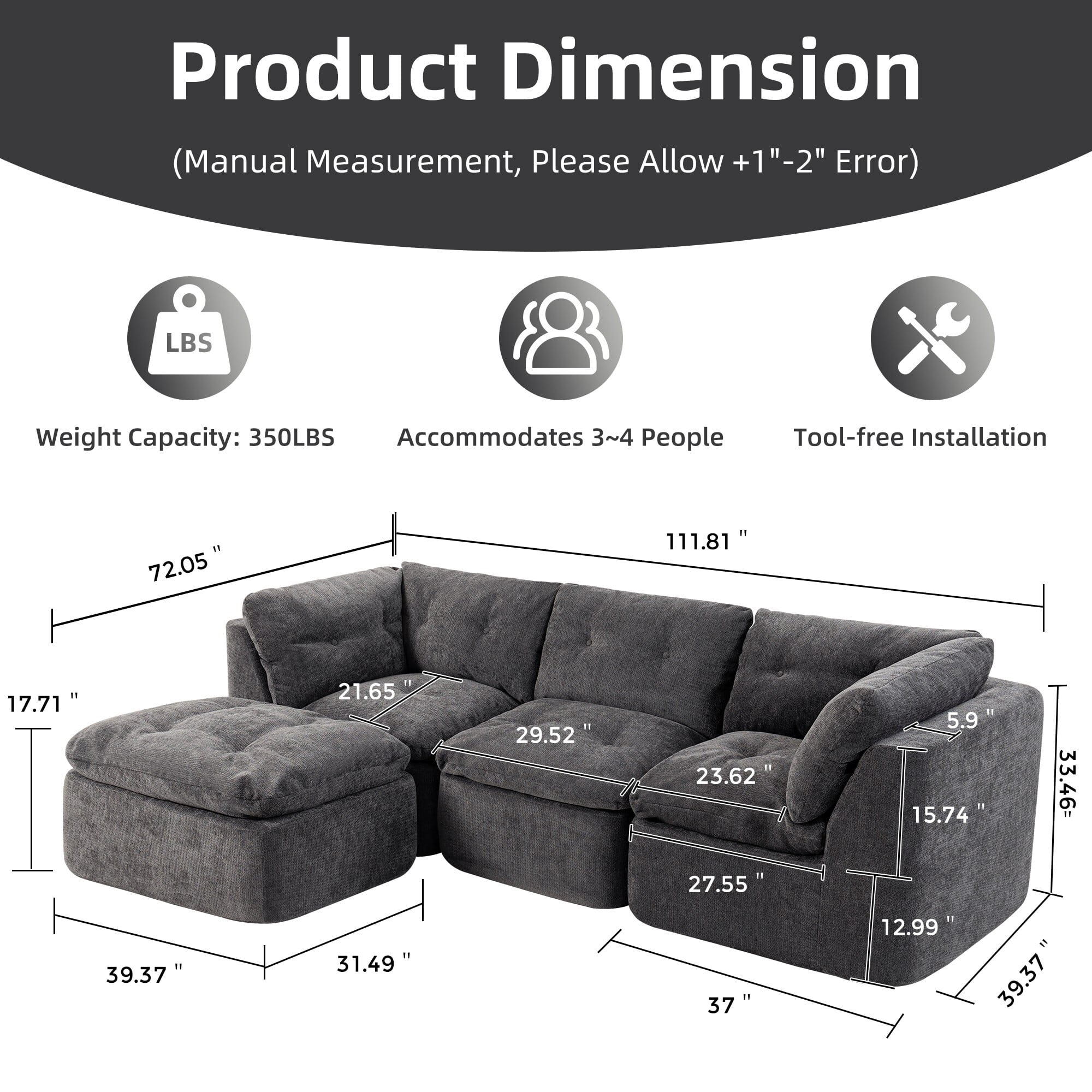DEALTOPS 111" Modular Sectional Sofa with Ottoman, 4-Seat Convertible Chenille Cloud Couch, Dark Gray
