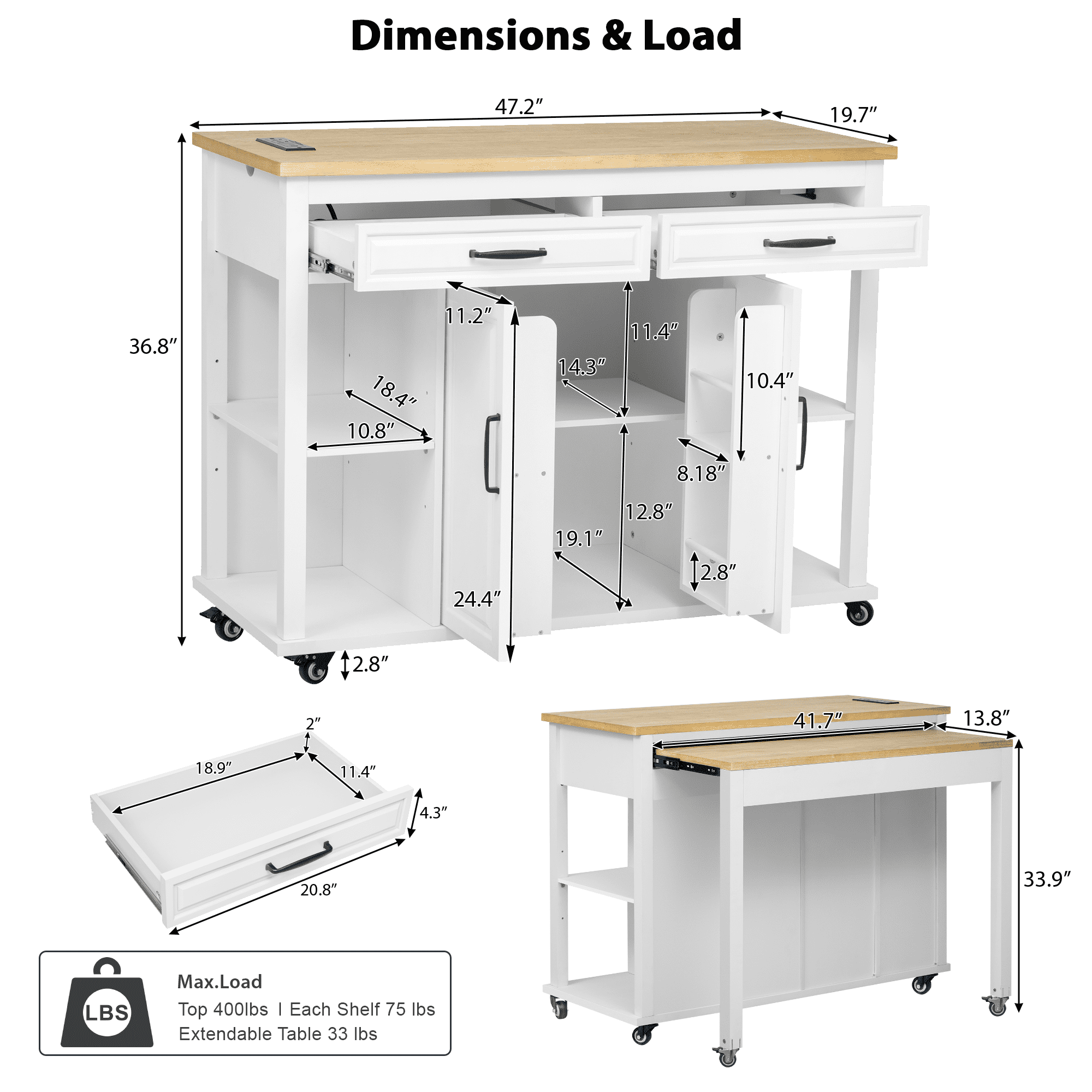 Homy Casa Kitchen Serving Cart with Extendable Table, Drawers, Power Outlet, for Dining Room, White