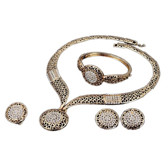 Yesbay Vintage Hollow Round Pendant Necklace Bracelet Ring Earrings Party Jewelry Set-