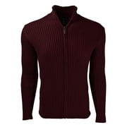 Burgundy Full Zip Cotton Ribbed Mock Neck Sweater for Men XS