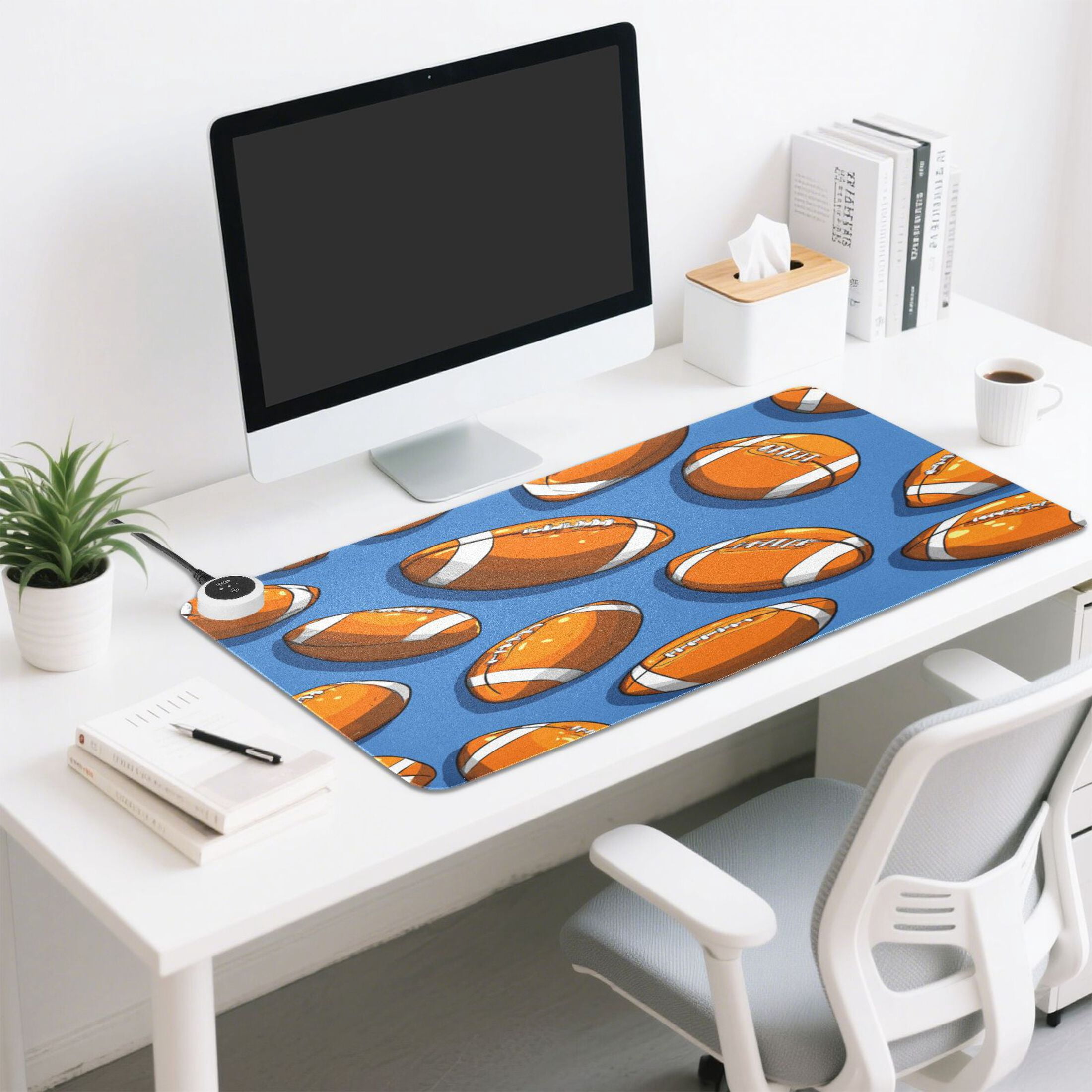 Large Heated Desk Mat Mouse Pad 31.5"x13"PU Leather Graphene Heating Desk Warmer with 3 Temperature Settings 110V US Plug Non-Slip Warm Pad for Home, Office, and Gaming Dark Blue Background Rugby