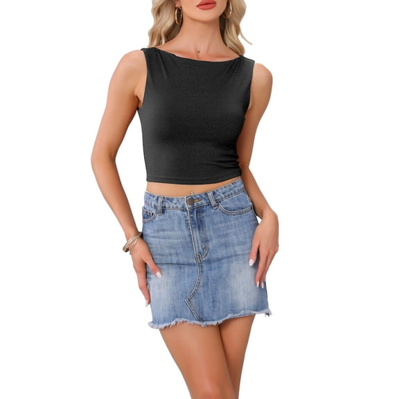 INSPIRE CHIC Women's Crop Top Metallic Threads Solid Color Boat Neck Sleeveless Top XS Black