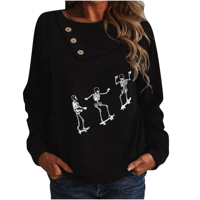 Camiseta de manga larga con botones y cuello redondo estampado casual para mujer Top suelto Pompotops FGAJ7541