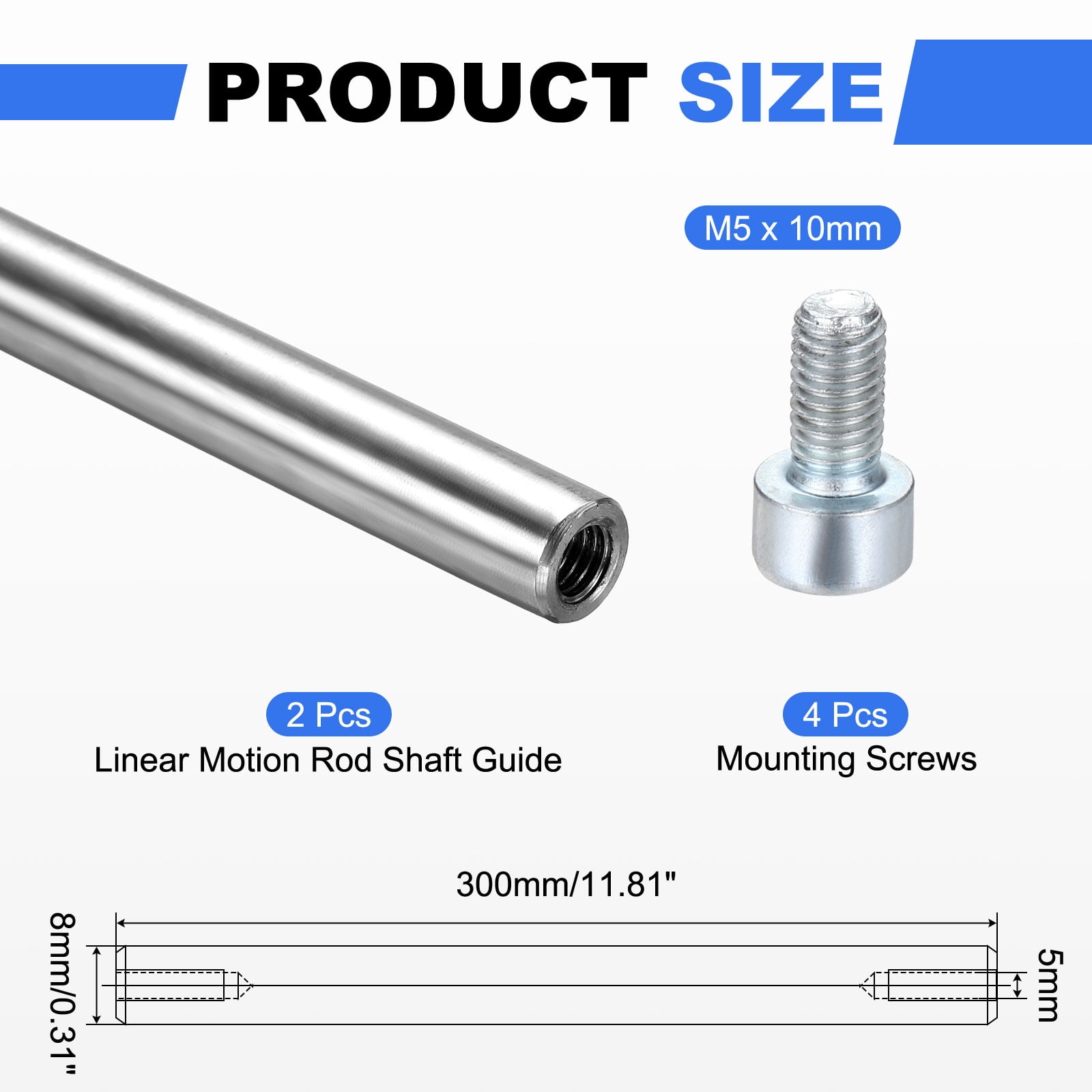 2 Pack Linear Motion Rod Shaft Guide, 8mmx300mm 304 Stainless Steel End Hollow Linear Steel Rods Inner Threaded Studs with Screws for 3D Printer and CNC Machine