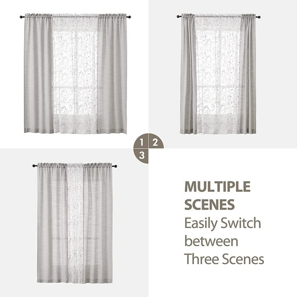 IBAOLEA 2 Embroidery Floral Semi Sheer Curtains and 2 Burlap Curtains 4  Piece Curtain Set Country Curtains 63 Inch Length Double Curtains for  Bedroom (4 Panels, Light Grey, W27.5xL63 Inch Each) - - 