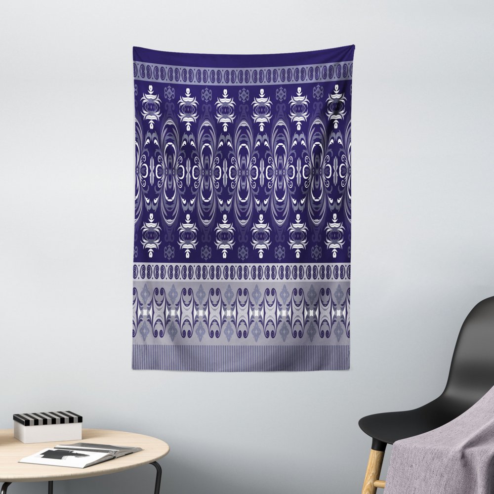 Navy Blue Tapestry, Tribal Ehnic Style Floral Horizontal Design Image
