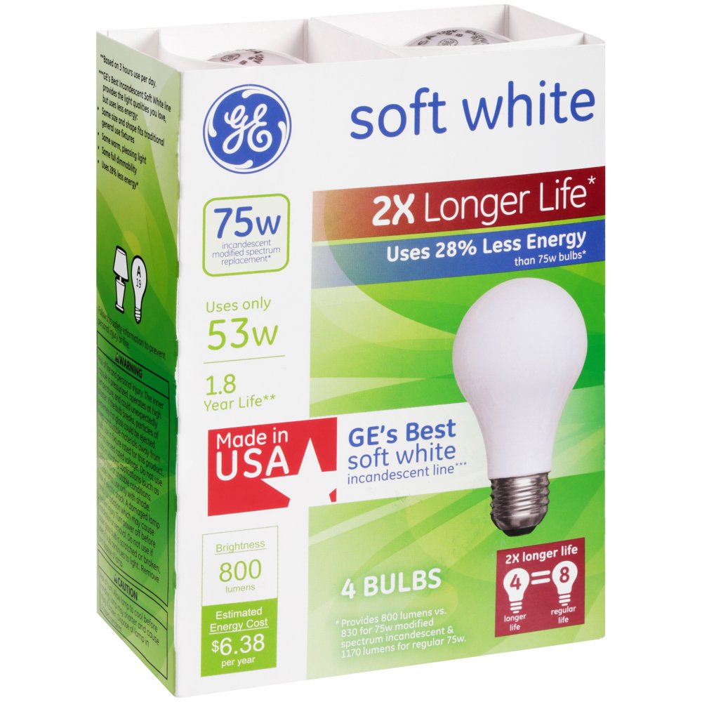 GE Soft White 75w Light Bulbs 4 ct Sleeve