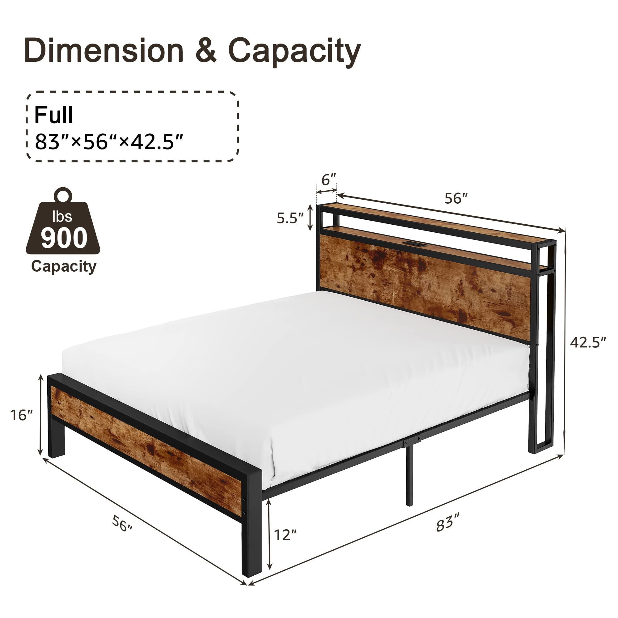VanAcc Full Size Metal Bed Frame with 2-Tier Storage Headboard and Charging Station, Rustic Brown