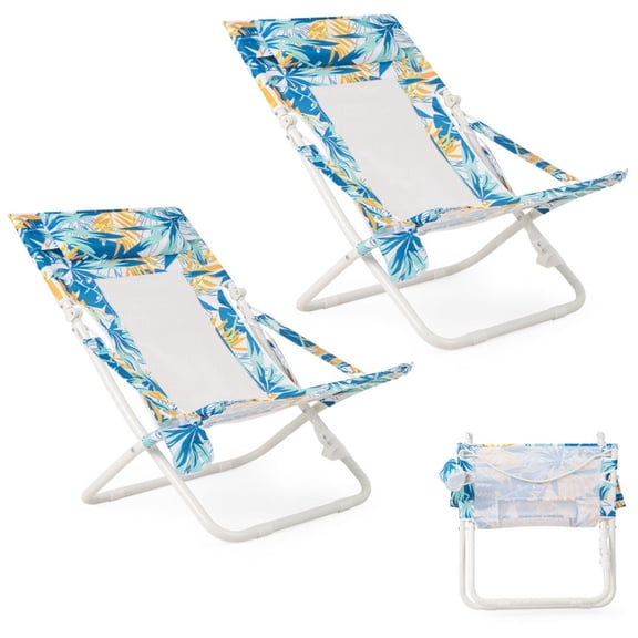 Biotree Folding Low Beach Chair Set of 2 Portable Sling Beach Chairs with Padded Headrest and Cup Holder for Adults Outdoor Lawn and Poolside, Blue