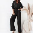 thumbnail image 2 of Fgnfyis Women's Two Piece Outfits Set Long Si Button Down Shirt Blouse Top Drawstring Wide Leg Pants Solid Color Tracksuit Matching Sets Women Clothing Trousers Sets Black L, 2 of 6