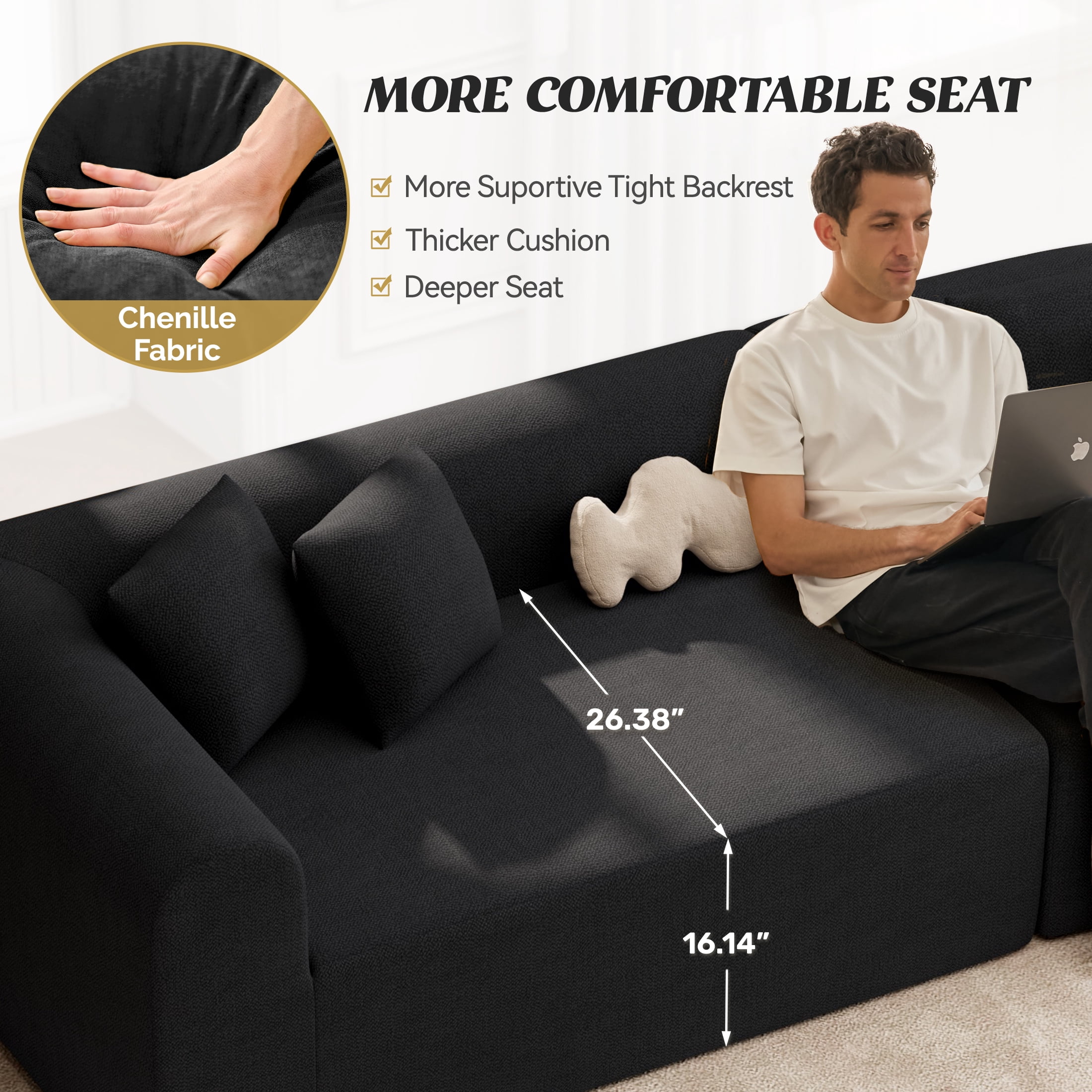 Hawsaiy 126" Oversized Modular Sectional Sofa, Modern Deep Seat Curved Cloud Couch, Soft Chenille Upholstered Sofa for Living Room, Black, No Assembly
