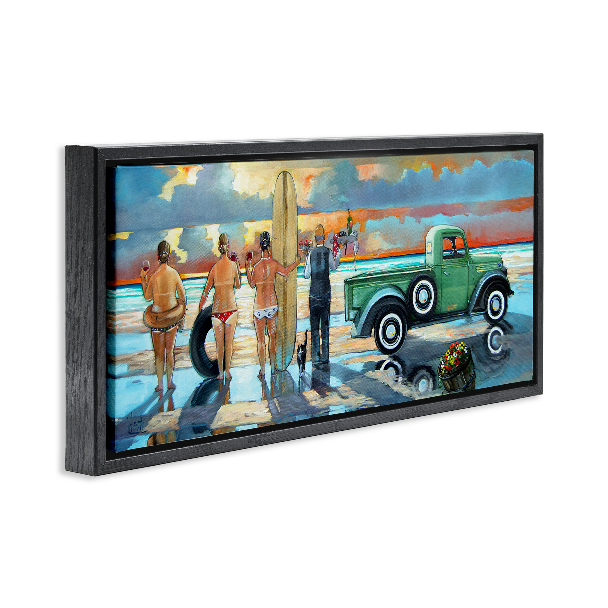 Stupell Industries Butler Serving Beach Girls Scene Nature Painting Black Floater Framed Canvas Art Print Wall Art, 25 x 11