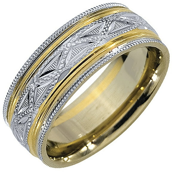 14K Two-Tone Gold Mens Wedding Band 7mm High Gloss Milgrain Comfort Fit