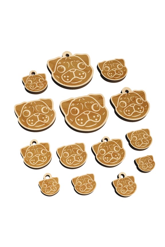 Pug Face Wood Mini Charms Shapes DIY Craft Jewelry - No Hole - 18mm (17pcs)