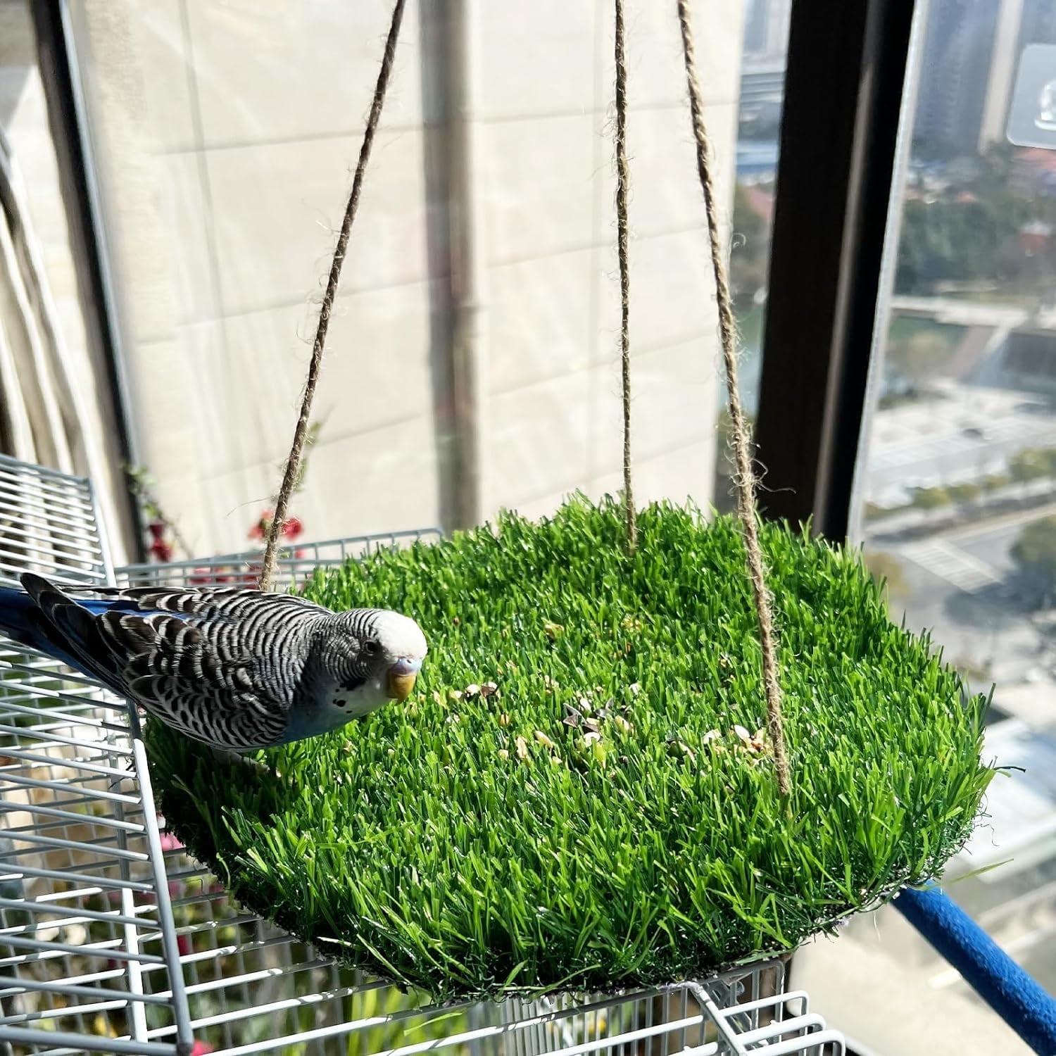 Large Bird Foraging Mat Toys, Natural Bird Grass Hammock Swing Toy with Hooks, Climbing Perch Hanging Toy for Parakeets, Parrot, Cockatiels, Bearded Dragon, Snake